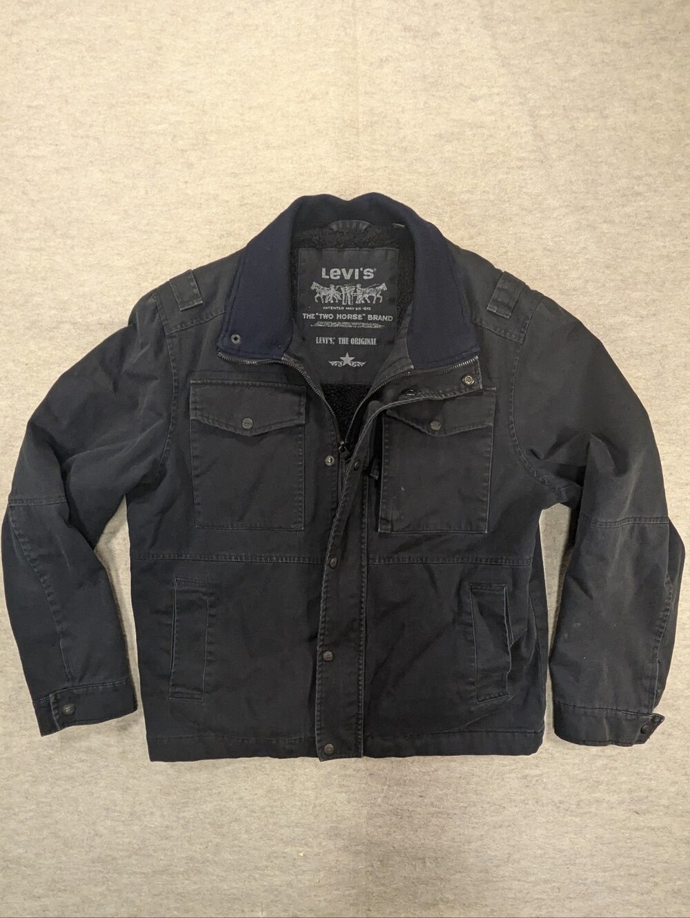 Levi's Black Denim Sherpa Military Pocket Twill Jacket Warm Short Coat Men's M
